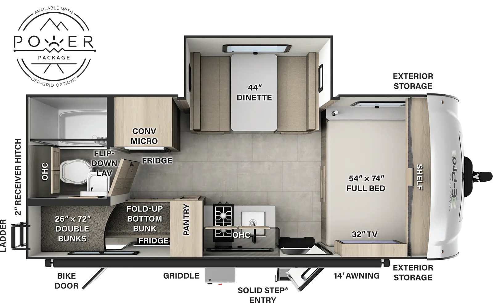 The Flagstaff E-Pro E20BH floorplan has one entry and one slide out. Exterior features include: fiberglass exterior and 14' awning. Interiors features include: bunk beds and front bedroom.